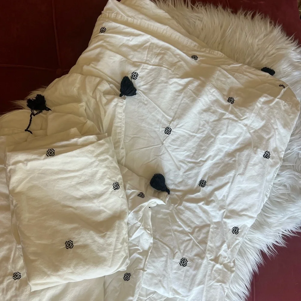 IKEA RÄVTÖREL Duvet Cover Set Queen White Black Tassel Bedding Boho Embroidered